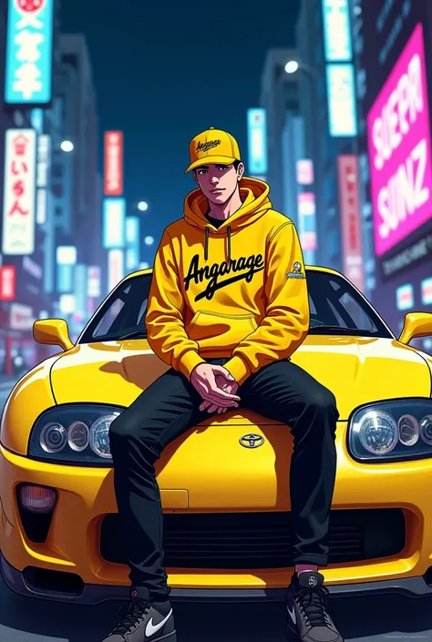 A men sit on bonnet,neon yellow toyota supra mk2 cabrio,yellow hoodie with black angarage text,black jeans,black jordan shoes,in background tokio city,yellow  snapback with angarage text,anime,manga