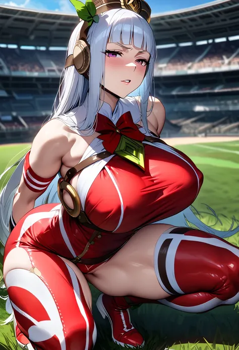 ((((Gold Ship))))、(Uma Musume),(Super huge giant chest),(blue sky)、(Grass stadium)、(((Red tight clothing)))、(Squat)、(Show me your crotch),(sexy)、{{{Browsing Caution}}}、{{{masterpiece}}}, {{{Highest quality}}}, {{ultra-detailed}}, {{shape}}, {{{Very delicat...