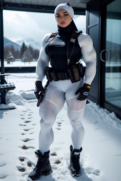 Photorealistic, high resolution, 1 malay woman in hijab, Solo, Hips up, Snow background，view the viewer, (Detailed face), White hijab, SWAT vests, sniper rifle handle, White military uniform, bulletproof vest, Holding an assault rifle, M16, Inside the city...