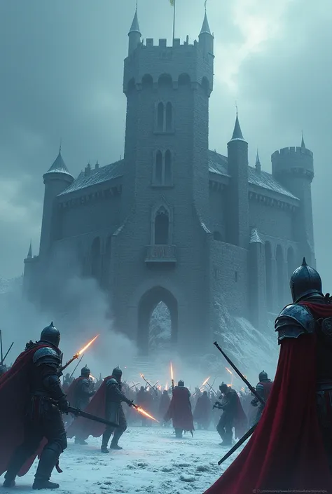 A medieval castle in the snow is attacked by dark forces.