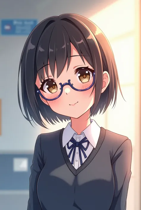 Make an anime picture of a teenage girl in a school uniform with short hair and glasses who is a bit shy and smiling 