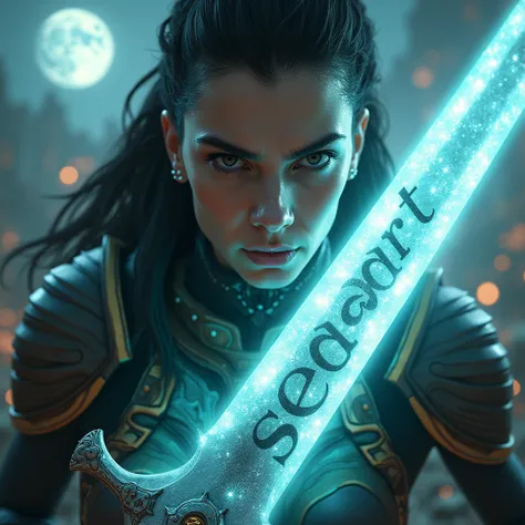 A close-up, hyperrealistic portrait of a warrior queen, her face etched with grim determination, illuminated by the soft, ethereal glow of a massive, glowing blade she wields. The blade, a seamless blend of ancient and futuristic design, is inscribed with ...