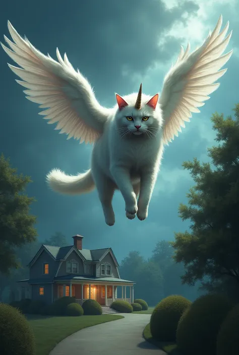 The unicorn cat hovers above a house, peeking inside a window where a group of people is seen holding children captive. The cat’s expression shows worry and determination.