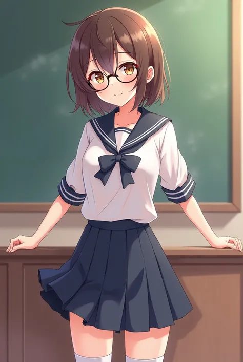 Make an anime picture of a teenage girl in a school uniform with short ear-length hair wearing glasses, a little shy and smiling 