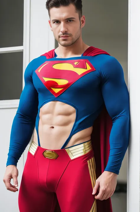 1 person, 
30 years old and.o, muscular man wearing a superman suit，small beard, Sexy and charming expression，gloomy eyes，Blue eyes，Full and swollen chest muscles，rough real skin，(Ultra-thin, tight and fashionable)，The big bag in the crotch is highlighted，...