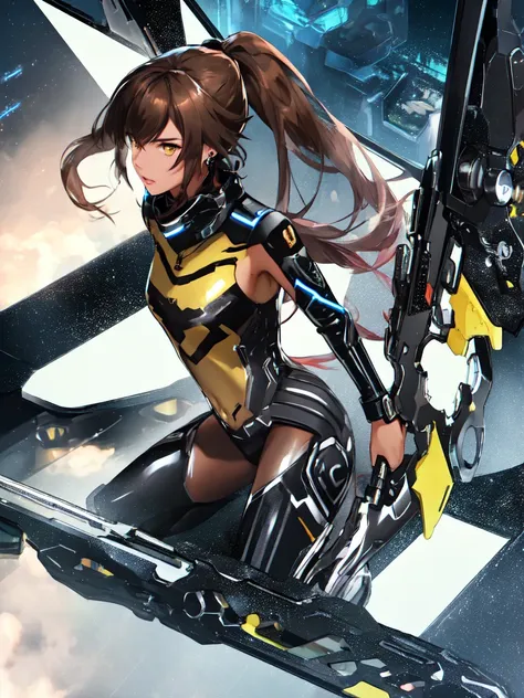 high quality, extremely detailed, perfect face, sharp face, angular face, full lips, Quna, extremely long ponytail, brown hair, brown eyes, (((brown skin))), dark skin, ((black latex zelsius bodysuit)), yellow armor, ((extremely glossy)), cyberwear, earpie...