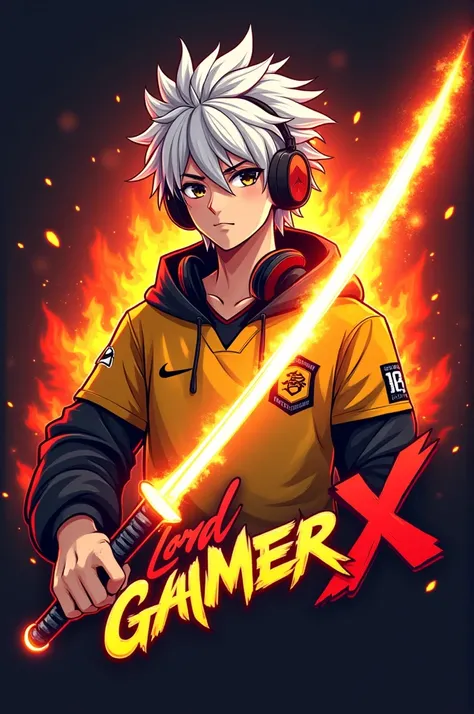 logo anime laki laki 16 tahun, rambut putih pakai headphone, memegang katana menyala efek aura merah, Pakai baju esport kuning, di baju ada tulisan "LORD GAMER X" api menyala,