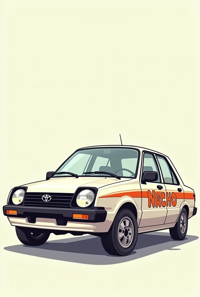 Cartoon image of a white Tercel car, 1994, with the name of "nacho"