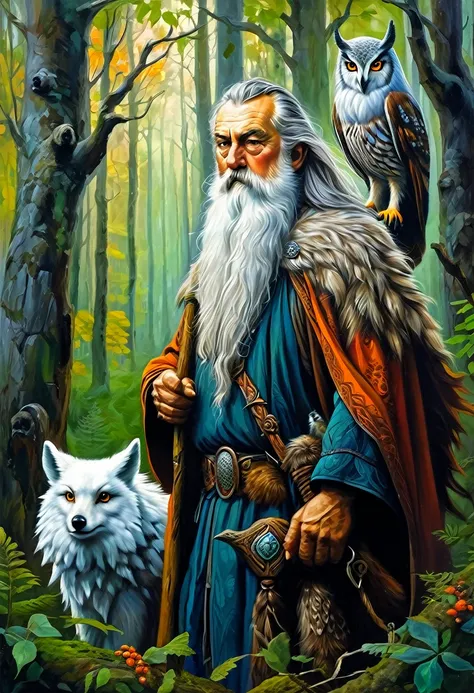 oil painting, in a dense forest stands an old man with long grey hair and a long white beard and an owl on his shoulder, around ...