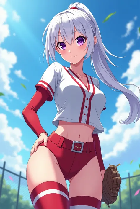 HD、Animation style、white hair 、Purple Eyes、plump breasts、girl、High school student 、single ponytail、Baseball player、Light color short sleeve top、Long sleeve red underwear、Good shape、Thin、sash、Sky、cloud、sunny、Baseball field