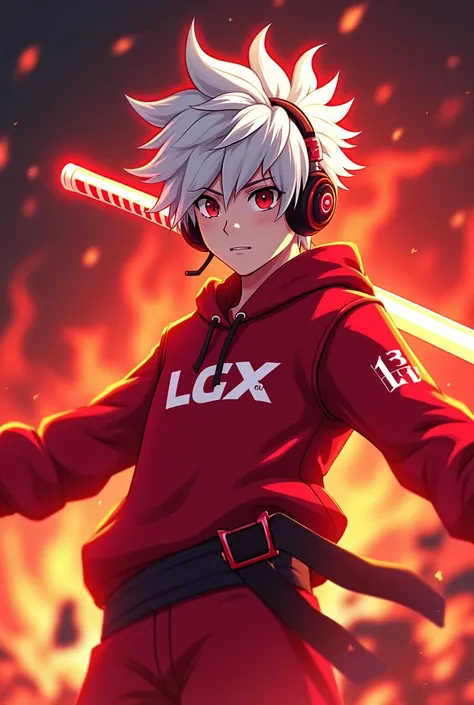  boy anime logo, white hair wearing headphones, holding katana glowing red aura effect, wear red esports clothes, There is writing on the clothes "LGX" the fire is burning,