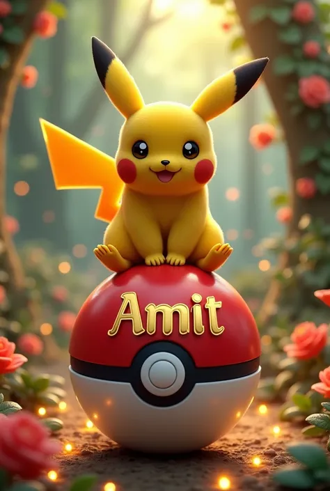 A delightful 3D render of a happy pikachu sitting majestically atop a pristine, red pokeball adorned with twinkling fairy lights. The enchanting forest backdrop is bursting with lush greenery, vibrant flowers, and elegant garlands. pikachu calm expression ...