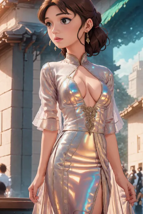 1girl, close up shot, (light brown hair(0.1), medium hair, large breasts, red eyes), perfect anatomy, city, , (( earrings, see through tops)), , buildings,transparent deep v dress,shizuka,proper hands