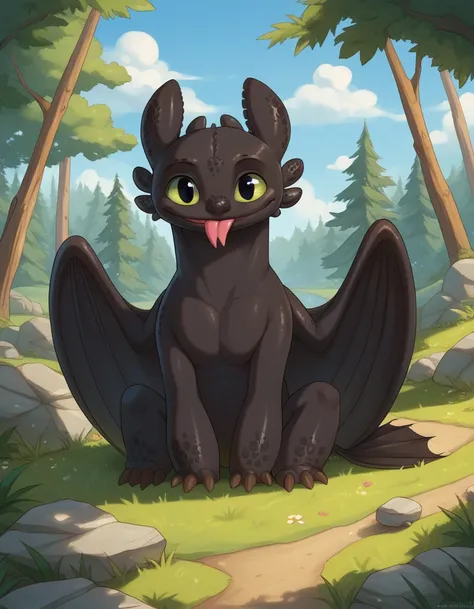 score_9, score_8_up, score_7_up, score_6_up, toothless_httyd, smile, tongue out, looking at viewer, forest, outside, day, sky, f...