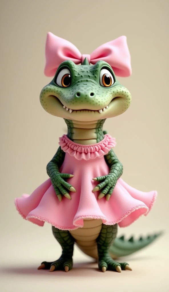 Baby crocodile standing on its hind legs、Put a pink ribbon on your head、Pink dress、Looking this way