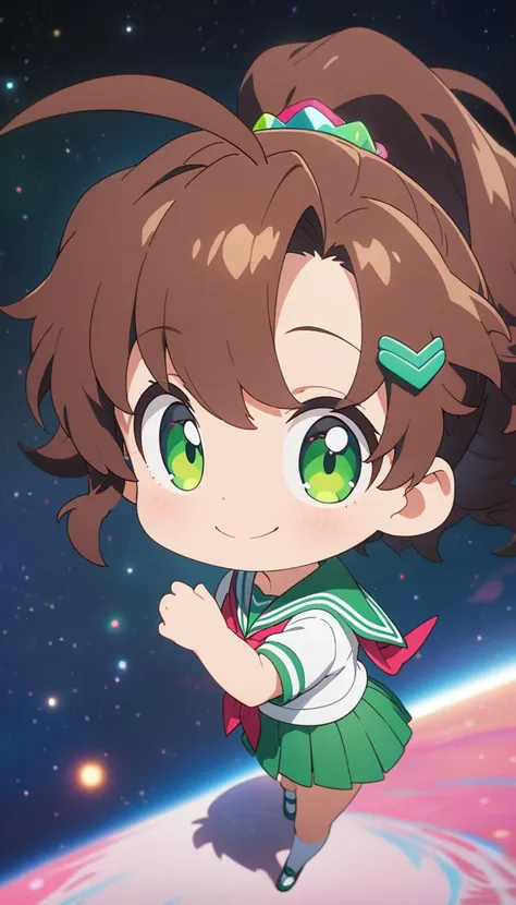 female child, glad, smiling, looking at viewer, high ponytail, green round hair clip rubber, ahoge, wavy hair,  brown hair, gree...