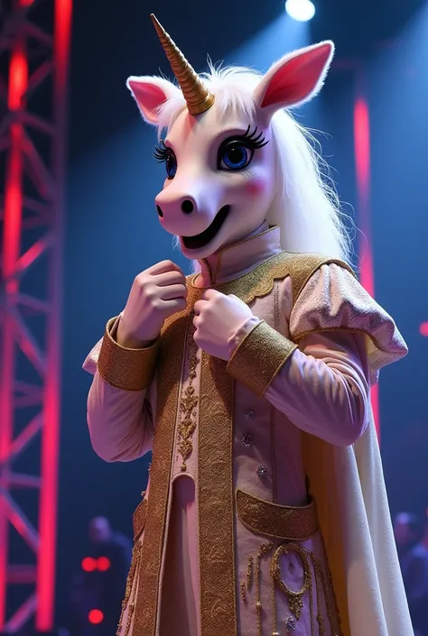 created an image of a person wearing a mascot named "Unicorn Prince" on the show The Masked Singer