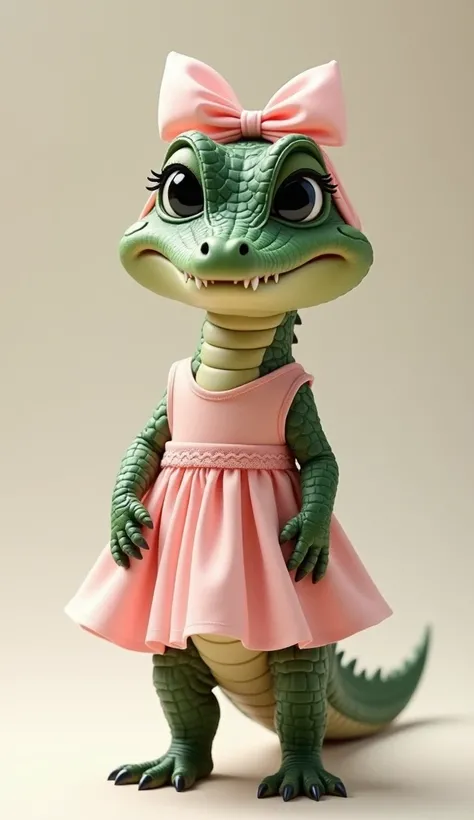 Baby crocodile standing on its hind legs、Put a pink ribbon on your head、Pink dress、Looking this way、Black eyes