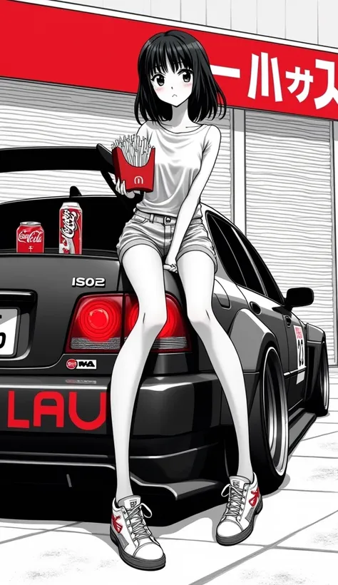 Create a striking monochromatic manga-style illustration with selective red accents, featuring a young anime girl perched on a modified Lexus IS200 sports car. The scene is set in an urban environment with a convenience store backdrop. The central characte...