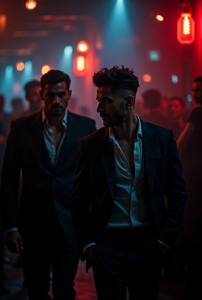 shot by Sony a7 IV Mirrorless Camera, shadowplay, gorgeous lighting, subtle  hues, handsome men ,nightclub