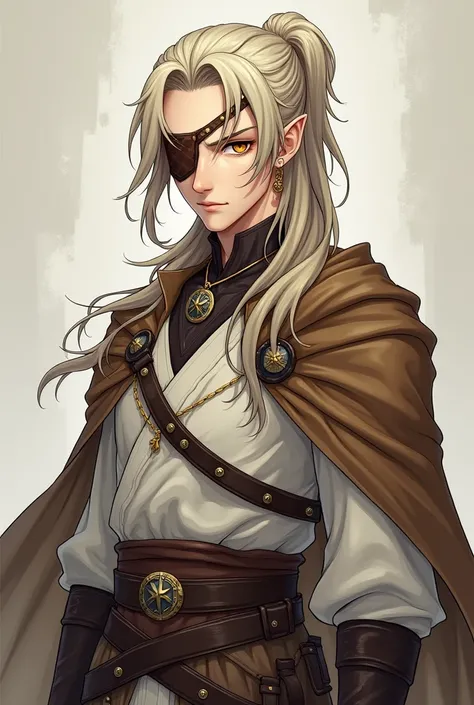 A male elf of legal age with long hair, Ash blonde hair tied in a ponytail ,amber eyes, wearing a leather patch over his left eye, He wears elven clothing , white and brown, a cape complemented by a leather harness that surrounds his body, A necklace with ...