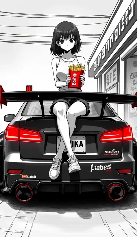 Create a striking monochromatic manga-style illustration with selective red accents, featuring a young anime girl perched on a modified Lexus IS200 sports car. The scene is set in an urban environment with a convenience store backdrop. The central characte...