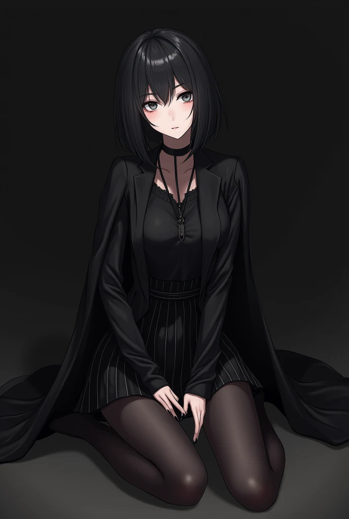 female anime character medium black hair black eyes white skin long black coat short black striped skirt black tights with slippers sitting looking at the front of black nails