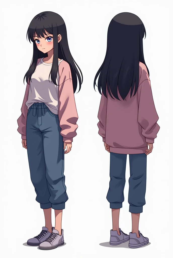 Woman, girl, 20 years old, downtrodden girl, tired girl, confused girl, uncertain posture, long hair, black hair, brown hair. eyes with a transition from blue to purple, dark hair, anime style, 4k image, full body, white background, list of characters, sho...