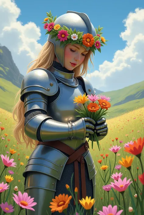 A knight girl in armor and with a wreath of flowers on her Armett helmet  is picking flowers in a flower meadow