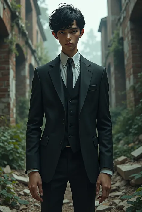 Handsome teenage boy with black hair, wearing suit at abandoned house