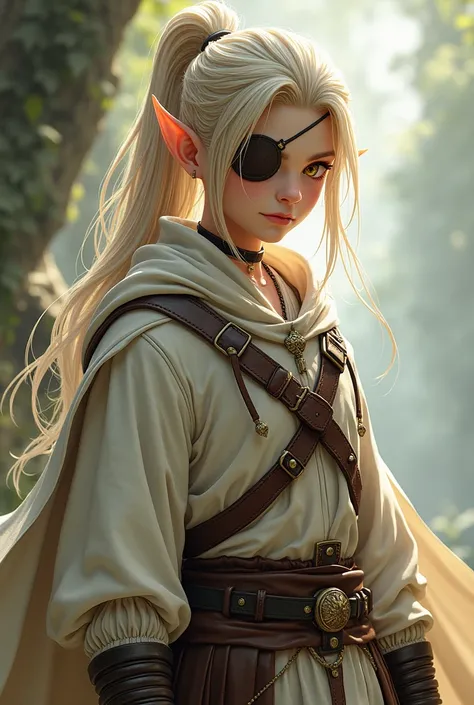 A young male elf with long hair, Ash blonde hair tied in a ponytail ,amber eyes, wearing a leather patch over his left eye, He wears elven clothing , white and brown, a cape complemented by a leather harness that surrounds his body, A necklace with a round...