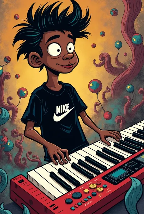 Create a bizarre cartoon image like Ren and Stimpy. Bring a dark-skinned person with side-combed hair who plays a Roland keyboard with a black Nike shirt.