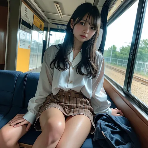 （masterpiece、High resolution、超High resolution、4K）Brown Hair、Japanese women、skirt、Thighs、I Low angle、Put your feet on the train floor、View only viewers」、Highest quality、超High resolution、（realism：1.4）、High resolution、approach、RAW Photos、Shapuri、Nikon D850 Fi...