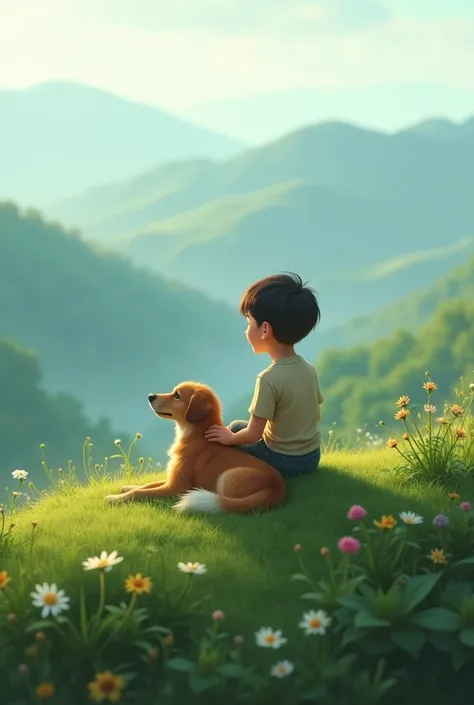 Create a image where a boy is sitting on the top of green mountain with his pet dog where everywhere is fog and every down is filled with greenery