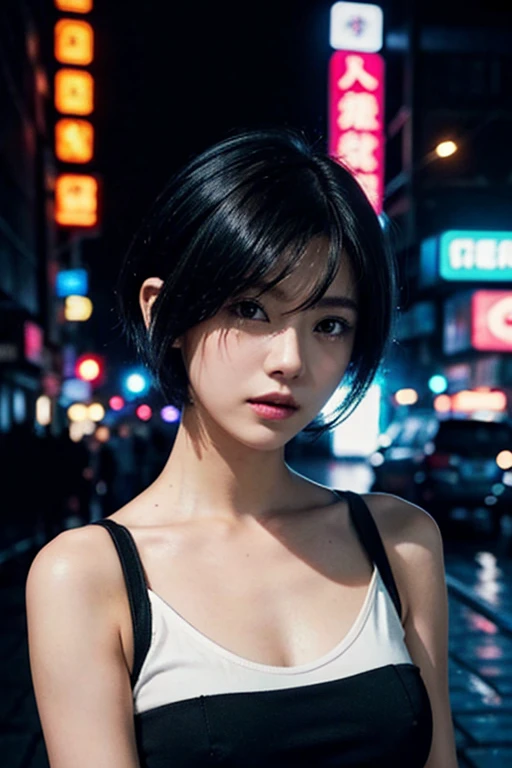 cyber punk. woman. 20th Generation. Beauty.Short Hair. Black Hair. Perfect Style. Neon Town. rain. night. looking at the camera. Japanese. White tube top.