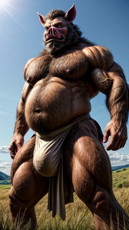 上半身裸のHairy男性Pigman。
Strong body。Big muscles。Big Belly。
Loinclothだけを身に着けている。Big bulge。
背景はgrassland。
Low - Angle。grassland。Loincloth。Standing posture。whole body。Pigman。Hairy。Calm expression。
Highest quality。Entirely in sharp focus、Highest photo quality。Phot...