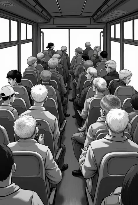 Bus with 5 elderly people 6 children and 8 adults in black and white to paint 