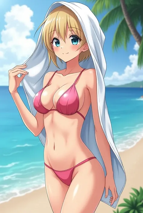 Anime girl wearing a towel no bra and no panties no bikini and show Vagina