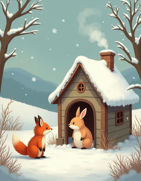 Rabbits house around snow champa the fox fox talking too the rabbit in the house