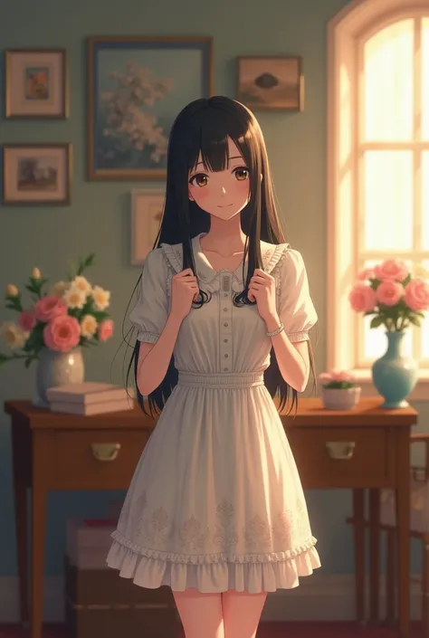 a young woman standing in a room with vintage decor. She is wearing a white dress with floral patterns and long,straight black hair. She is holding onto the straps of her dress with both hands. The room has a wooden desk with a vase of flowers on it,and th...