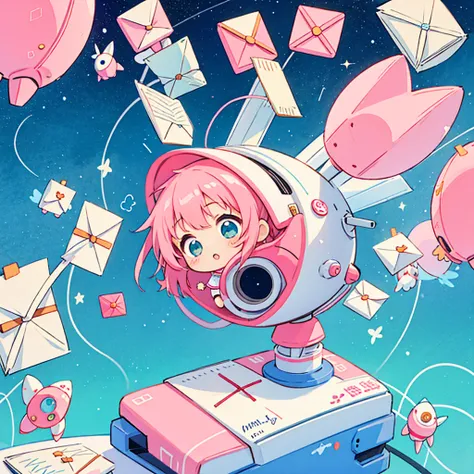 Momoko Sakura colorful style, Kawaii Design, most beautiful girl ever、chibi,  (((write a letter))), (((Inside the spaceship))), Galactic Universe