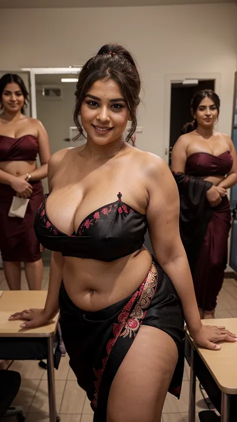  closeup full body of a bbw curvy t4mm, seductive, deep cleavage, looking at viewer, smile, ponytail, black red half embroidered strapless deep neck silk saree, from front view, day scene, in a class room, a group of men cheering next to her, full body ima...