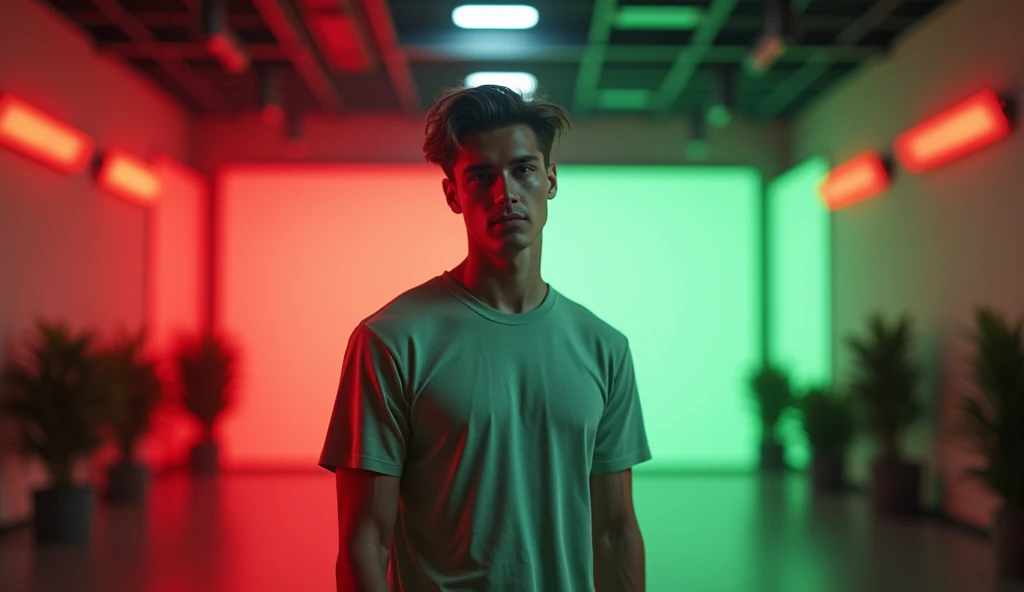  *"A young man stands inside a youtuy studio with a background and red and green light, Dressed in a simple T-shirt, beautiful and busty, natural and almost glow to his. 12k UHD. Highest resolution, highdetail. Seeing front of the camera.