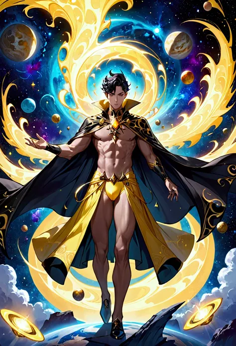 one  men, magician,yellow underwear, black fantasy, detailed yellow and black cosmic cloak, guachempincel