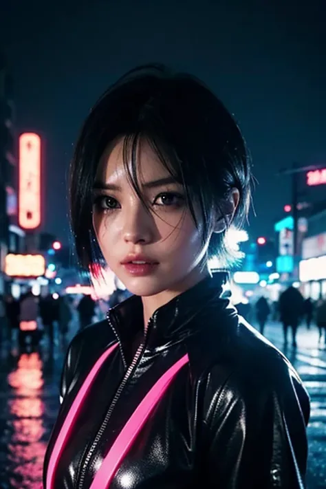 cyber punk. near future. woman. 30th generation. beauty.short hair. sexy. black hair. perfect style. neon town. rain. night. loo...