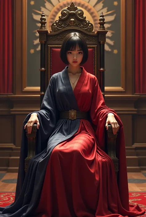 A modern beautiful Japanese woman、Small face、Oval Face、short hair、The background is the audience chamber of a Western royal palace.、Sitting on the throne、The outfit is a navy red checkered one-piece with a belt. Please only draw one throne.