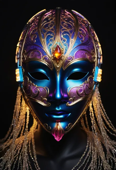 
"A luxurious mask worth 10 billion yen, elegantly displayed on a sleek black wall. The mask is made of glass, emitting vivid plasma-like colors, as if it is alive. The light dances across its surface, creating a dynamic, otherworldly aura. The background ...