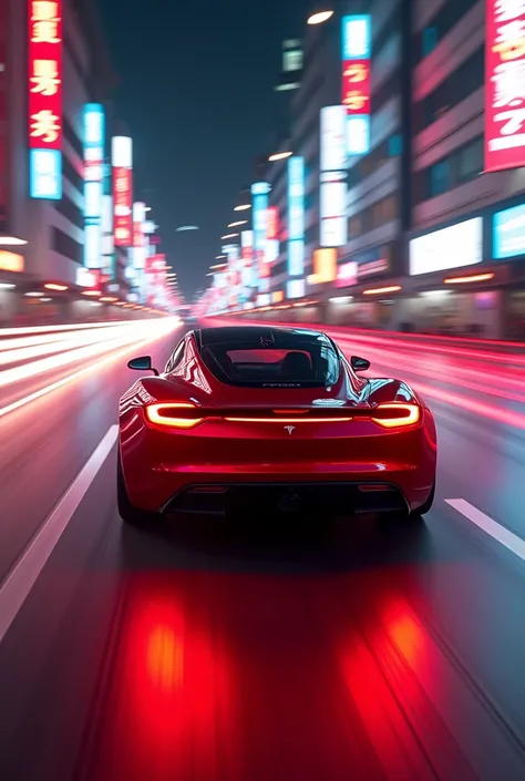 Dark red  front Tesla front roadster sport car city lights speed led neon  Tokyo red lines from the car lights
