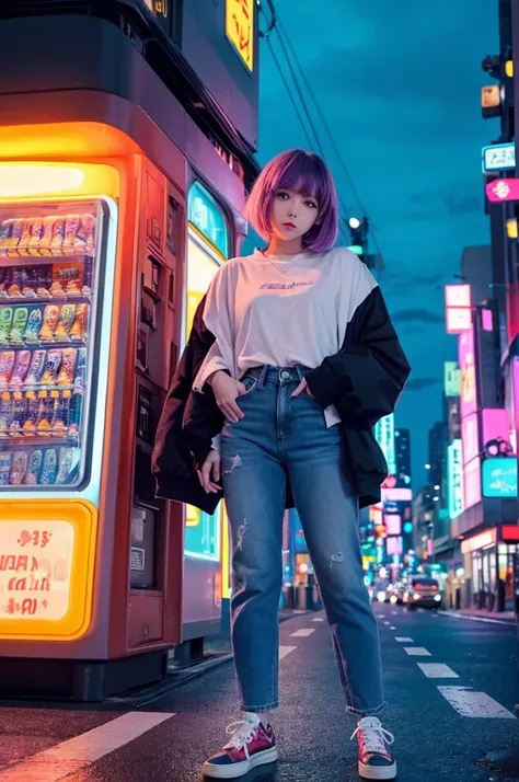 A cute anime-style girl in a city pop aesthetic, featuring soft pastel and neon colors. The girl has short bobbed hair with bangs, wearing a retro oversized jacket, high-waisted jeans, and sneakers. She stands on a bustling street in a 1980s-inspired Japan...