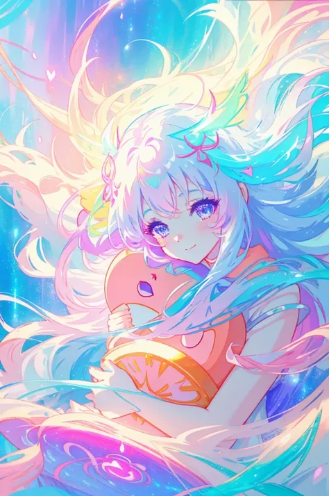 beautiful cute cat ears girl, big Smile,front view,She is hugging a big pink heart-shaped cushion tightly and tenderly.、full body,flowing white dress, vibrant pastel colors, (colorful), magical lights, long flowing silver hair, inspired by Glen Keane, insp...